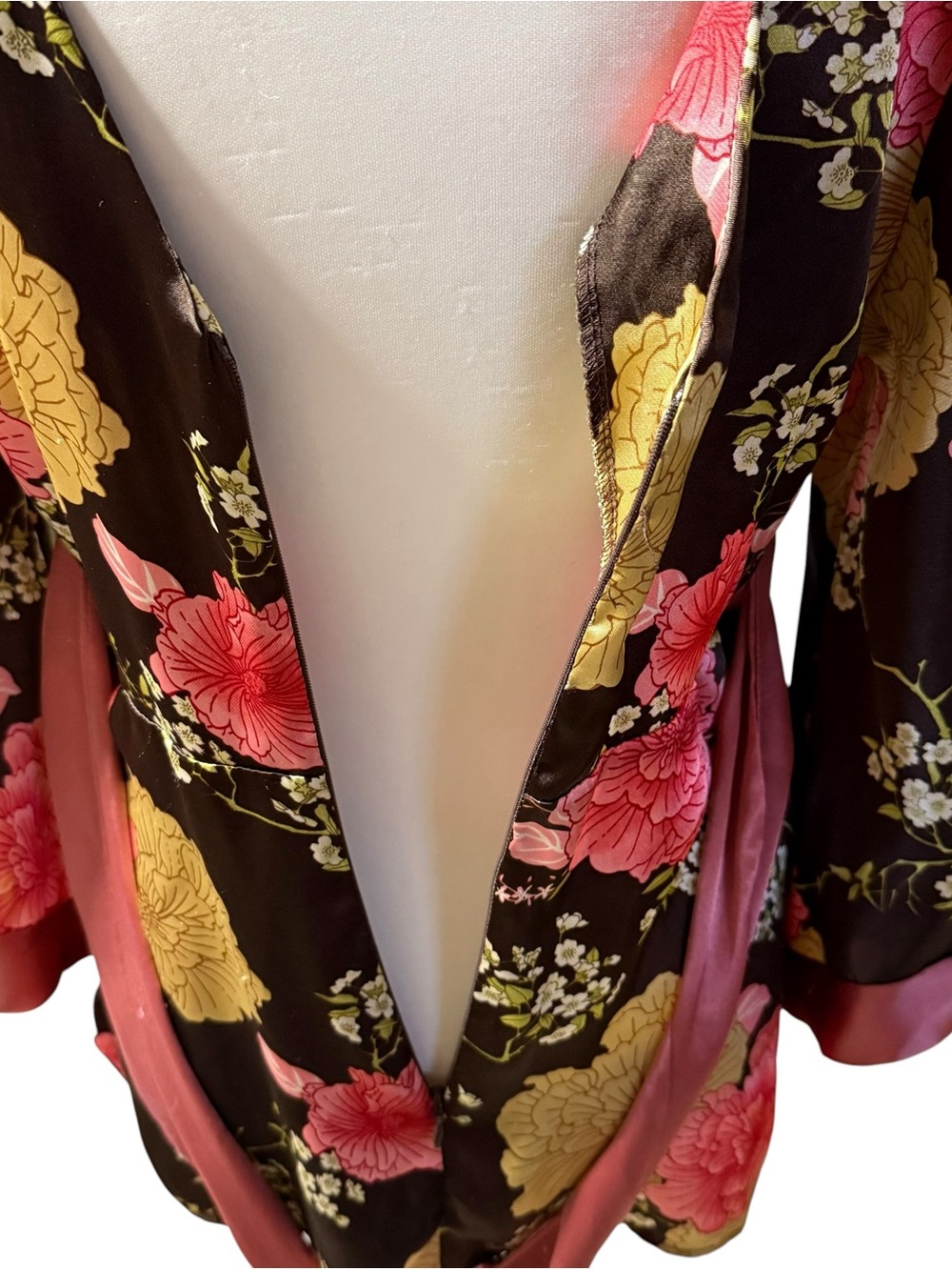 Forever 21 Brown Floral Satin Kimono V-Neck Top women’s sz Large Obi Belt - Picture 6 of 10